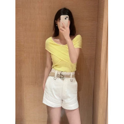 IRO NICHE 25夏新款坑條交叉針織短袖可露麗風優雅度假打底衫