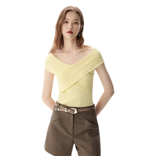 IRO NICHE 25夏新款坑條交叉針織短袖可露麗風優雅度假打底衫