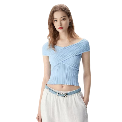 IRO NICHE 25夏新款坑條交叉針織短袖可露麗風優雅度假打底衫