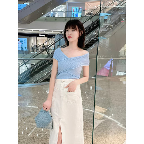 IRO NICHE 25夏新款坑條交叉針織短袖可露麗風優雅度假打底衫