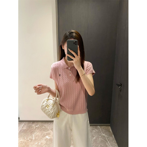 大牌原單翻領歐貨打底衫小馬刺綉純色針織衫基礎款短袖上衣女