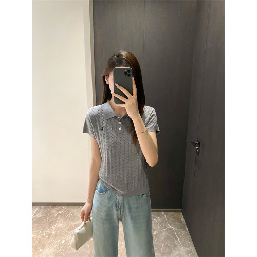 大牌原單翻領歐貨打底衫小馬刺綉純色針織衫基礎款短袖上衣女