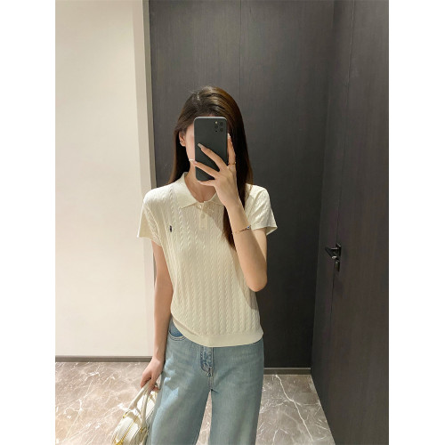 大牌原單翻領歐貨打底衫小馬刺綉純色針織衫基礎款短袖上衣女