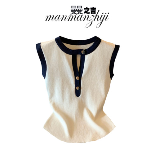 2025夏季韓版時尚百搭顯瘦拼接修身顯瘦無袖針織衫女打底衫上衣潮