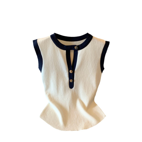 2025夏季韓版時尚百搭顯瘦拼接修身顯瘦無袖針織衫女打底衫上衣潮