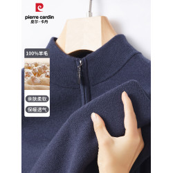 皮爾卡丹100%純羊毛衫中年男士秋冬加厚半高拉鍊領爸爸毛衣打底衫