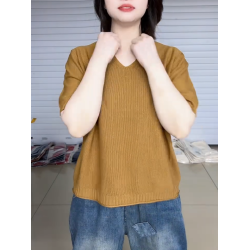 純色短袖V領針織衫女2025韓版大碼寬松套頭打底衫時髦減齡毛衣潮