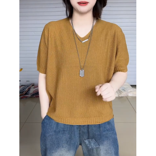 純色短袖V領針織衫女2025韓版大碼寬松套頭打底衫時髦減齡毛衣潮