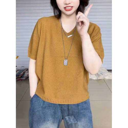 純色短袖V領針織衫女2025韓版大碼寬松套頭打底衫時髦減齡毛衣潮