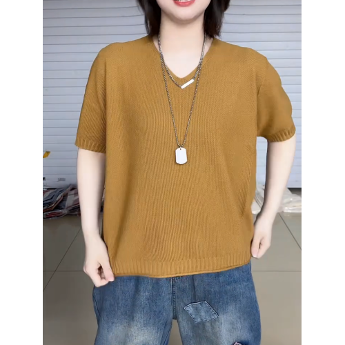 純色短袖V領針織衫女2025韓版大碼寬松套頭打底衫時髦減齡毛衣潮