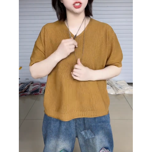 純色短袖V領針織衫女2025韓版大碼寬松套頭打底衫時髦減齡毛衣潮