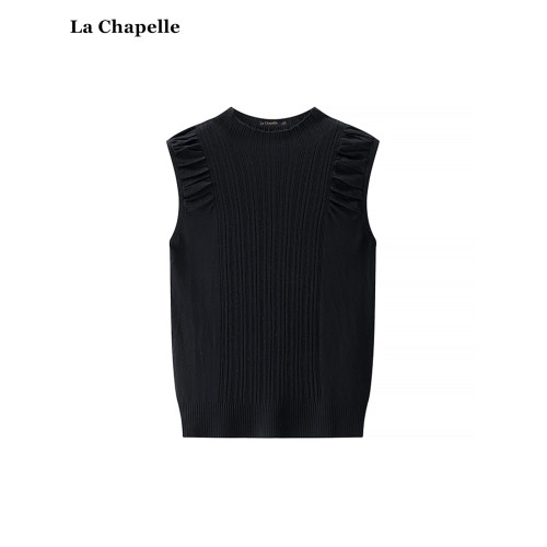 拉夏貝爾/La Chapelle半高領褶皺針織背心女設計感修身打底衫上衣