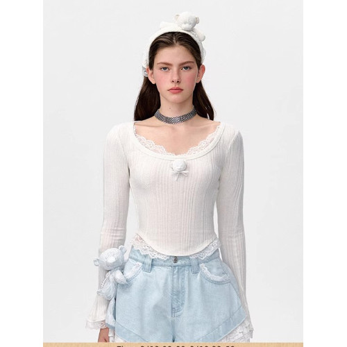 【鞠婧禕同款】13DEMARZO小熊頭蕾絲邊打底衫大圓領修身長袖女25