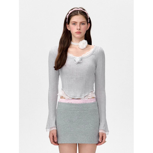 【鞠婧禕同款】13DEMARZO小熊頭蕾絲邊打底衫大圓領修身長袖女25