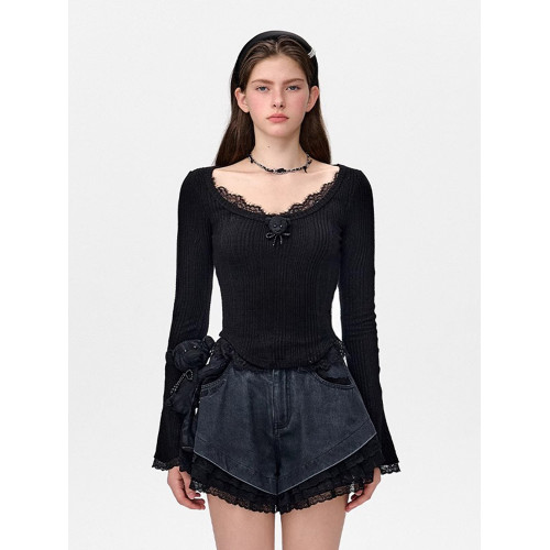 【鞠婧禕同款】13DEMARZO小熊頭蕾絲邊打底衫大圓領修身長袖女25