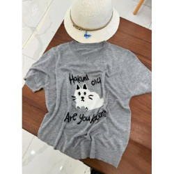 卡通貓咪提花薄款針織短袖女夏季新款韓版寬松休閒圓領打底衫上衣