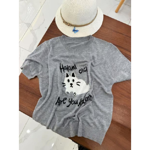 卡通貓咪提花薄款針織短袖女夏季新款韓版寬松休閒圓領打底衫上衣