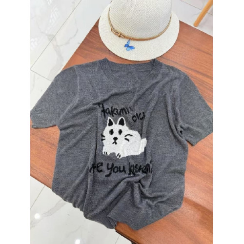 卡通貓咪提花薄款針織短袖女夏季新款韓版寬松休閒圓領打底衫上衣