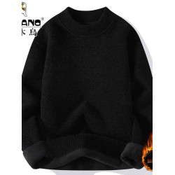 啄木鳥半高領毛衣男士加絨加厚寬松秋冬純色一體絨保暖針織打底衫