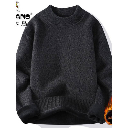 啄木鳥半高領毛衣男士加絨加厚寬松秋冬純色一體絨保暖針織打底衫