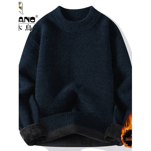 啄木鳥半高領毛衣男士加絨加厚寬松秋冬純色一體絨保暖針織打底衫