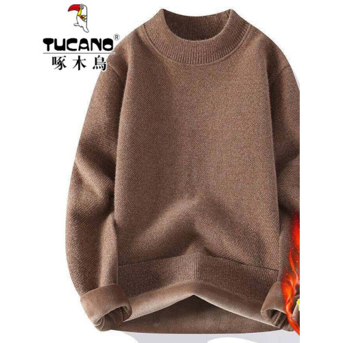 啄木鳥半高領毛衣男士加絨加厚寬松秋冬純色一體絨保暖針織打底衫