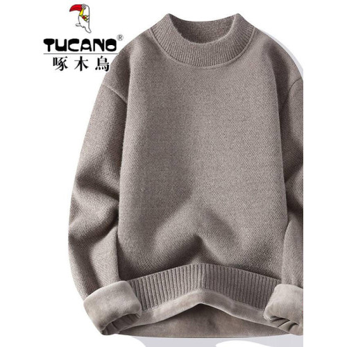 啄木鳥半高領毛衣男士加絨加厚寬松秋冬純色一體絨保暖針織打底衫