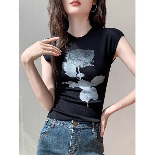 包袖針織背心女2025春秋新款圓領玫瑰花圖案無袖羊毛內搭打底衫
