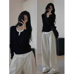 小個子拼接假兩件撞色針織衫女秋冬休閒慵懶風內搭打底衫歐貨上衣