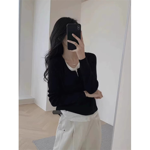 小個子拼接假兩件撞色針織衫女秋冬休閒慵懶風內搭打底衫歐貨上衣