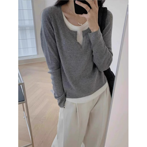 小個子拼接假兩件撞色針織衫女秋冬休閒慵懶風內搭打底衫歐貨上衣