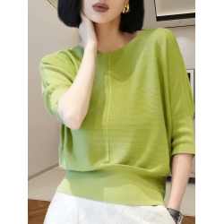 薄款針織衫女夏季新款圓領收腰純色七分袖打底衫大碼顯瘦遮肉上衣