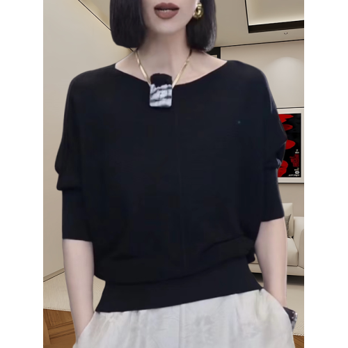 薄款針織衫女夏季新款圓領收腰純色七分袖打底衫大碼顯瘦遮肉上衣