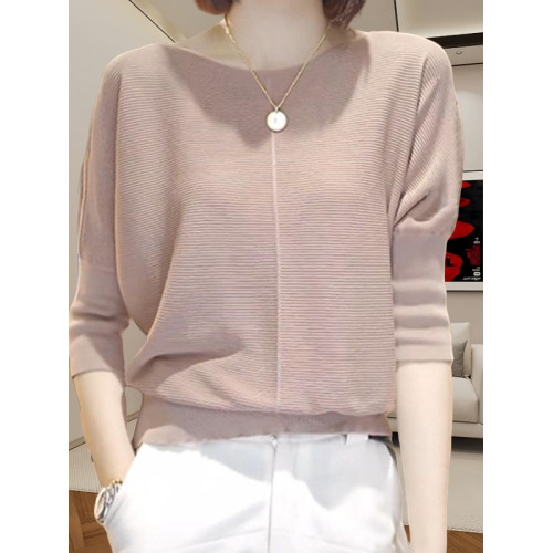 薄款針織衫女夏季新款圓領收腰純色七分袖打底衫大碼顯瘦遮肉上衣