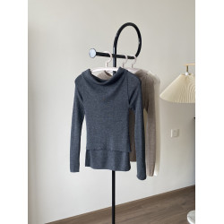 SW露鎖骨斜肩設計感不規則松弛感褶皺修身顯瘦蕩領打底衫上衣薄款