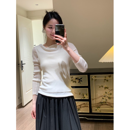 SW露鎖骨斜肩設計感不規則松弛感褶皺修身顯瘦蕩領打底衫上衣薄款