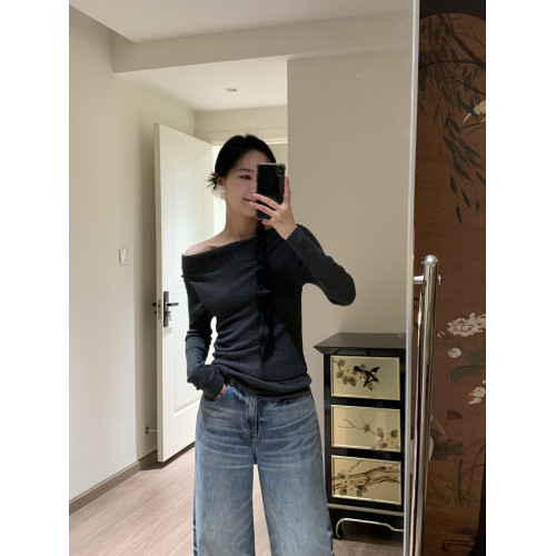 SW露鎖骨斜肩設計感不規則松弛感褶皺修身顯瘦蕩領打底衫上衣薄款