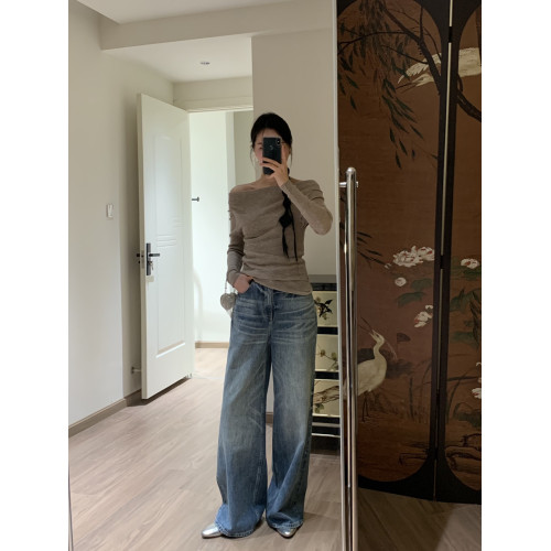 SW露鎖骨斜肩設計感不規則松弛感褶皺修身顯瘦蕩領打底衫上衣薄款