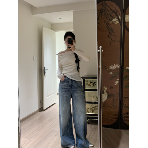 SW露鎖骨斜肩設計感不規則松弛感褶皺修身顯瘦蕩領打底衫上衣薄款