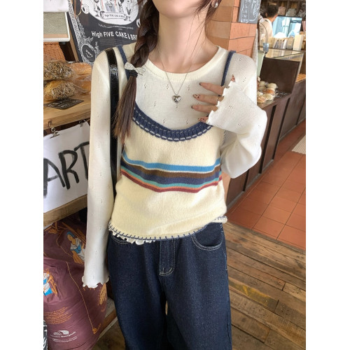 圓領超好看打底衫女春秋冬季內搭可外穿木耳邊針織衫鏤空白色毛衣