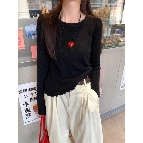 圓領超好看打底衫女春秋冬季內搭可外穿木耳邊針織衫鏤空白色毛衣