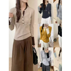 2025早秋新款韓版氣質圓領長袖針織衫女顯瘦假兩件短款上衣打底衫