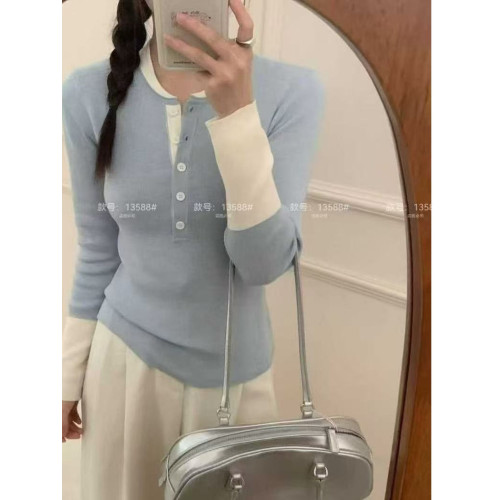 2025早秋新款韓版氣質圓領長袖針織衫女顯瘦假兩件短款上衣打底衫