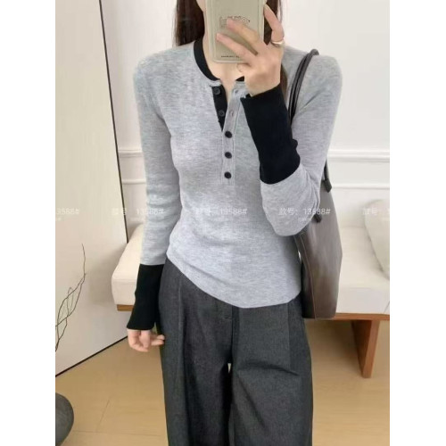 2025早秋新款韓版氣質圓領長袖針織衫女顯瘦假兩件短款上衣打底衫