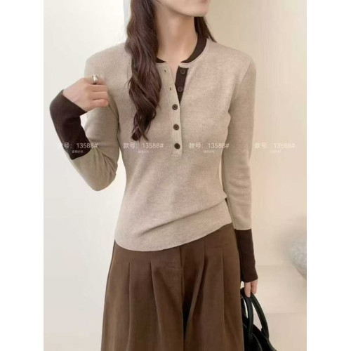 2025早秋新款韓版氣質圓領長袖針織衫女顯瘦假兩件短款上衣打底衫