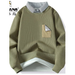 啄木鳥2025新款春秋款假兩件衛衣男寬松潮牌襯衫領內搭打底衫男潮