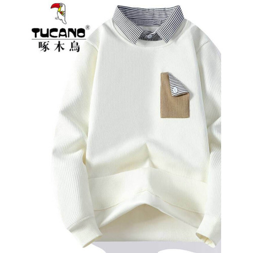 啄木鳥2025新款春秋款假兩件衛衣男寬松潮牌襯衫領內搭打底衫男潮