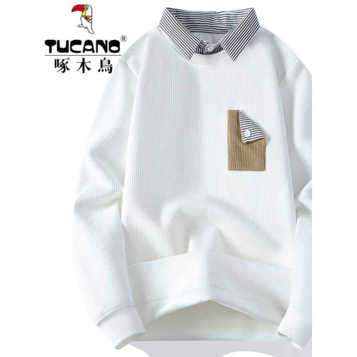 啄木鳥2025新款春秋款假兩件衛衣男寬松潮牌襯衫領內搭打底衫男潮