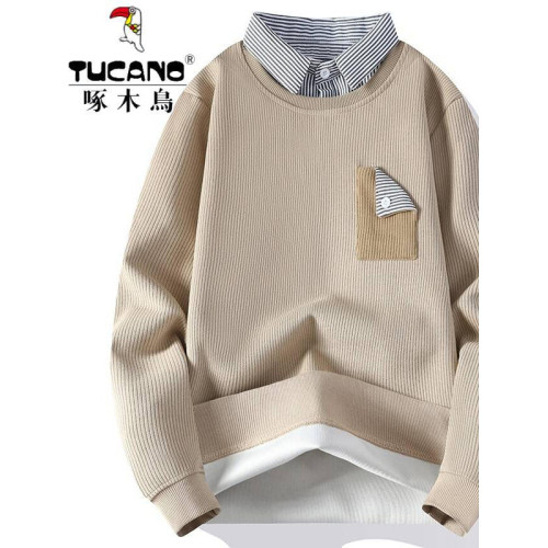 啄木鳥2025新款春秋款假兩件衛衣男寬松潮牌襯衫領內搭打底衫男潮