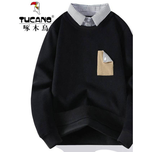 啄木鳥2025新款春秋款假兩件衛衣男寬松潮牌襯衫領內搭打底衫男潮